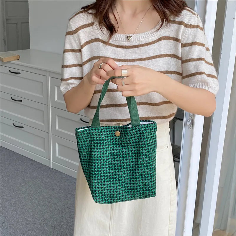 Plaid Woolen Shoulder Bag Houndstooth Handbags Girls Student Lunch Bento Bags