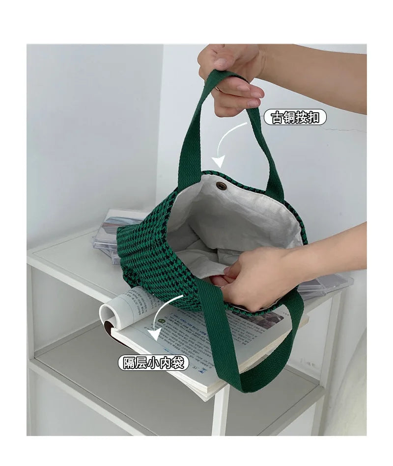 Plaid Woolen Shoulder Bag Houndstooth Handbags Girls Student Lunch Bento Bags