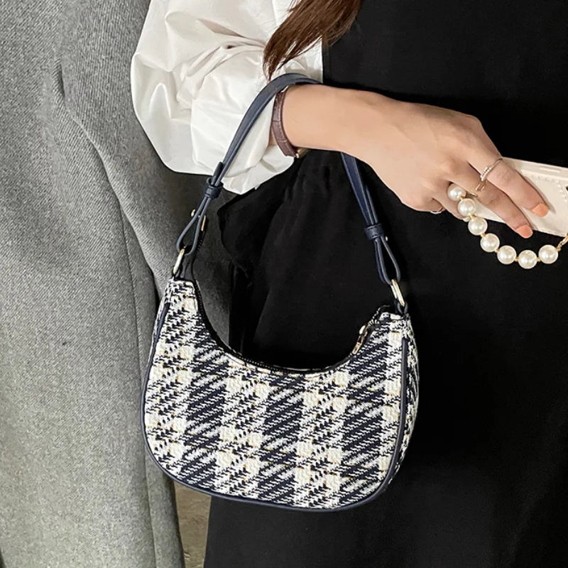 Plaid Women's Shoulder Messenger Bag Half Moon Small Tote Purse Handbags