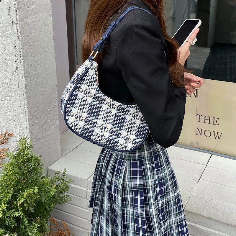 Plaid Women's Shoulder Messenger Bag Half Moon Small Tote Purse Handbags