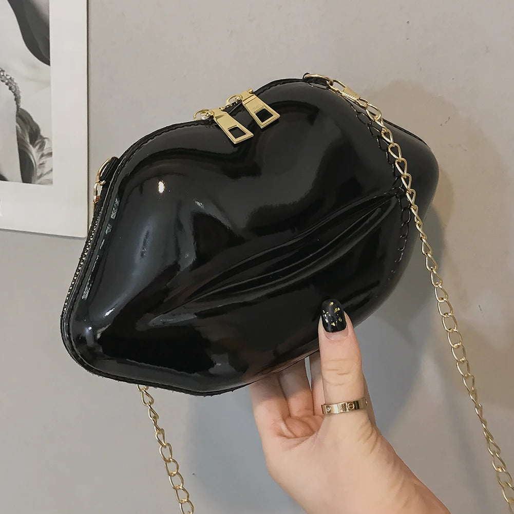Retro Red Lips Women PVC Handbags Chain Clutch