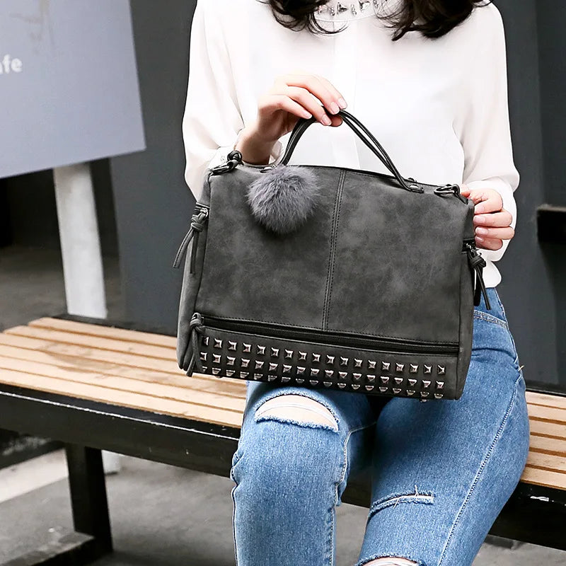 Retro Rivet Matte PU Leather Boston Shoulder Crossbody Bag