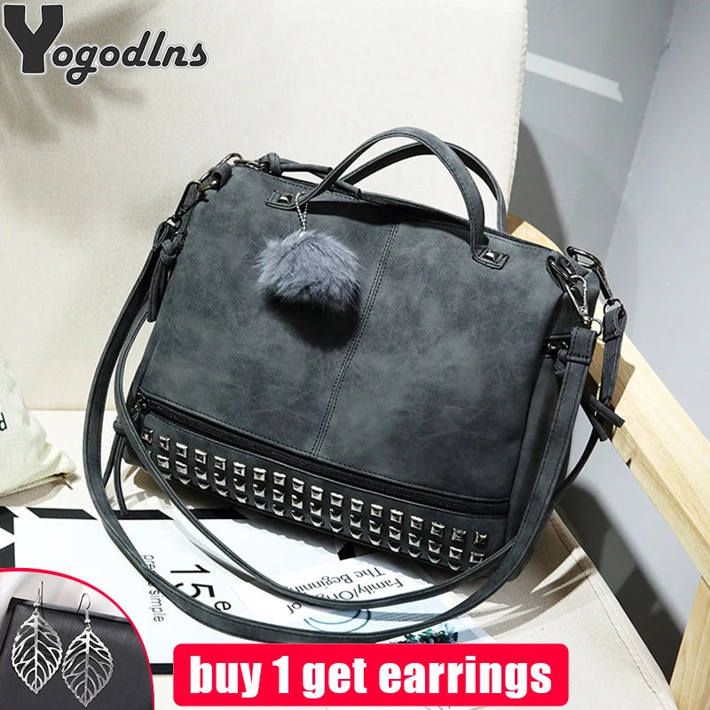 Retro Rivet Matte PU Leather Boston Shoulder Crossbody Bag