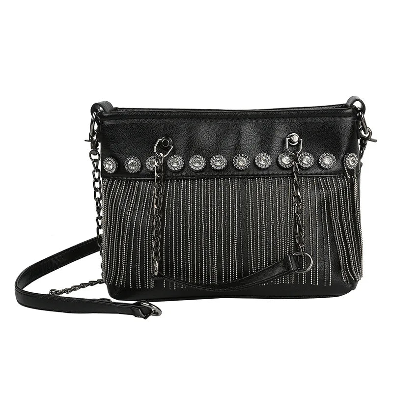 Retro Rivet Women Handbags Rock Style Tassel Crossbody Bags Chain