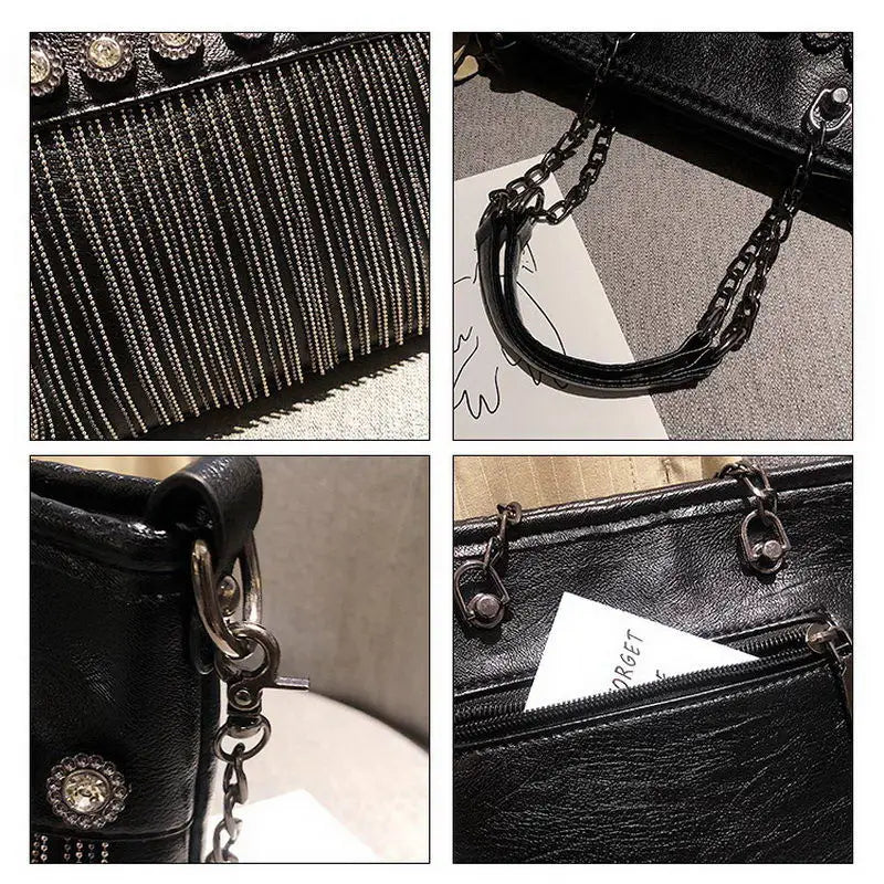 Retro Rivet Women Handbags Rock Style Tassel Crossbody Bags Chain