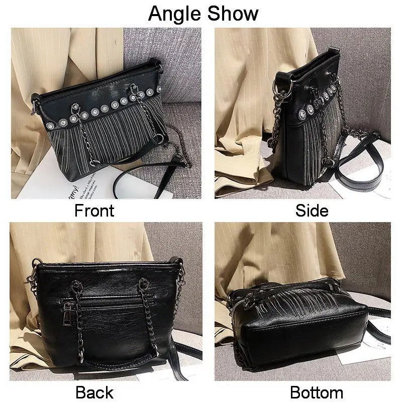 Retro Rivet Women Handbags Rock Style Tassel Crossbody Bags Chain
