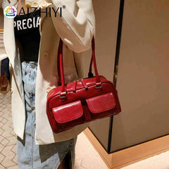 Retro PU Leather Shoulder Handbags Double Pocket Tote Handbags