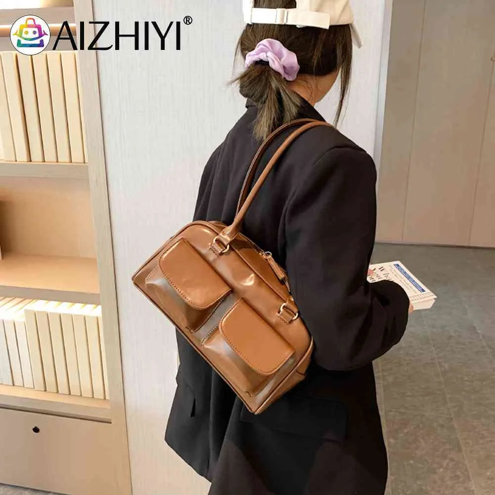 Retro PU Leather Shoulder Handbags Double Pocket Tote Handbags