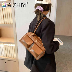 Retro PU Leather Shoulder Handbags Double Pocket Tote Handbags