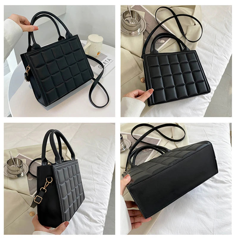 Retro Square Shoulder Bags for Women Bag PU Leather Crossbody Plaid Purse