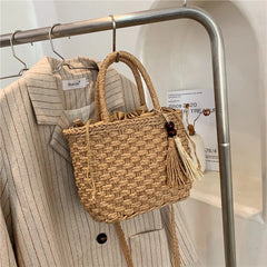 Retro Straw Bag Women Handbag Tassel Bucket Casual Drawstring Messenger