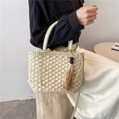 Retro Straw Bag Women Handbag Tassel Bucket Casual Drawstring Messenger