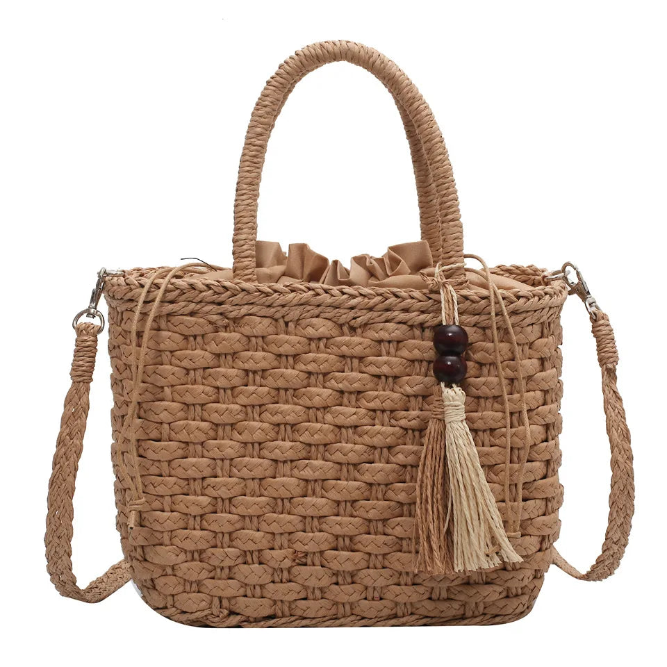Retro Straw Bag Women Handbag Tassel Bucket Casual Drawstring Messenger