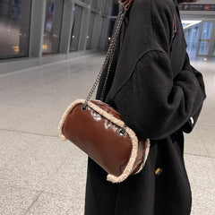 Retro Bright Leather Shoulder Bag Plush Edges Handbags