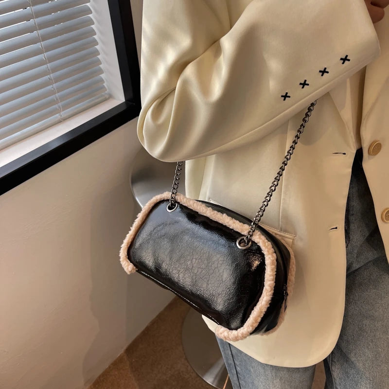 Retro Bright Leather Shoulder Bag Plush Edges Handbags
