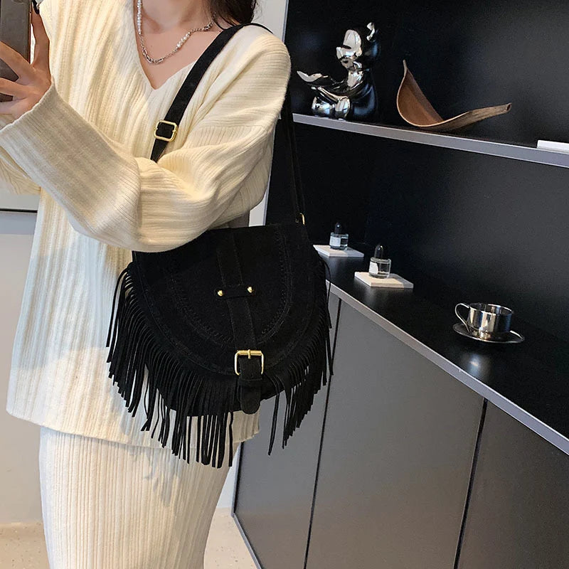 Retro Tassel Shoulder Bag Crossbody Saddle Handbags