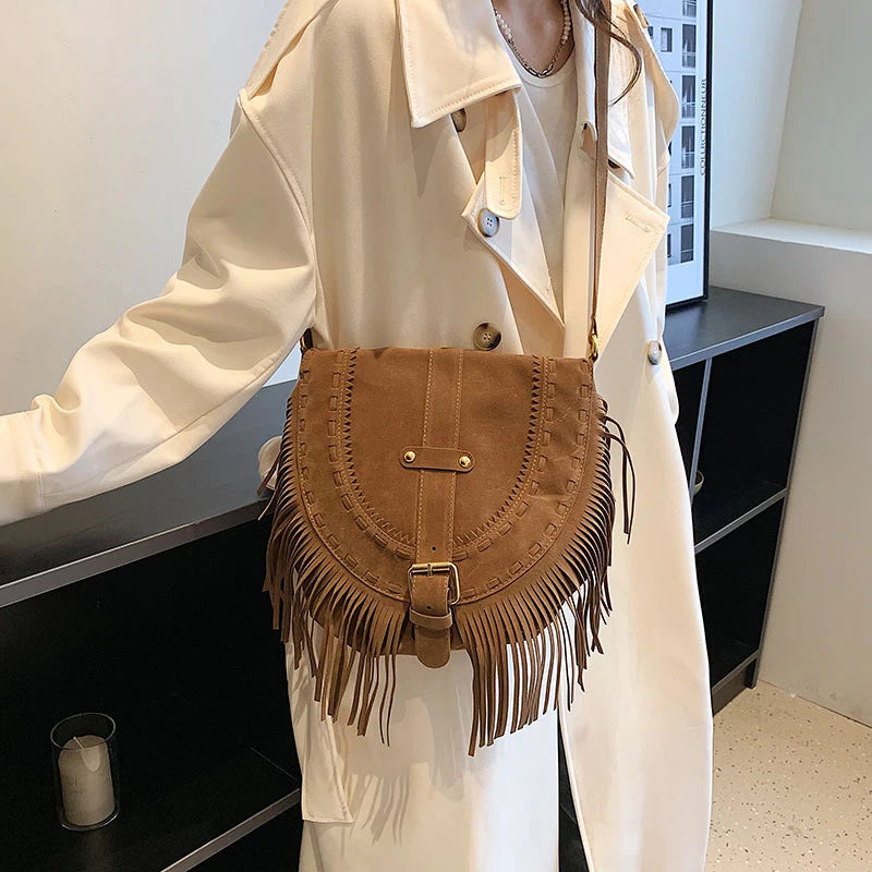 Retro Tassel Shoulder Bag Crossbody Saddle Handbags