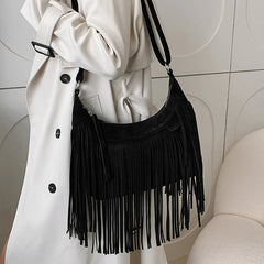 Retro Tassel Shoulder Bag Women Deerskin Velvet Crossbody Bag