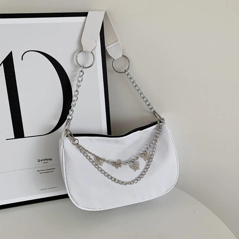 Retro Underarm Bag Clutch with Chain Nylon Shoulder Tote Handbag
