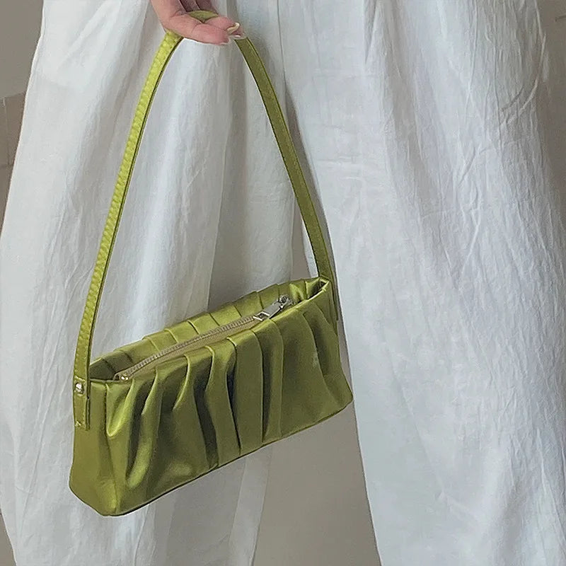 Retro Underarm Satin Folds Shoulder Bag for Woman