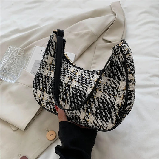 Plaid Canvas Underarm Shoulder Bag Women Retro Handbag