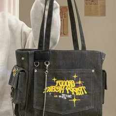 Vintage Embroidered Letters Tote High Capacity Shoulder Bag