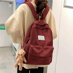 Retro Women Backpack Corduroy Book Bag Large Capacity Rucksack