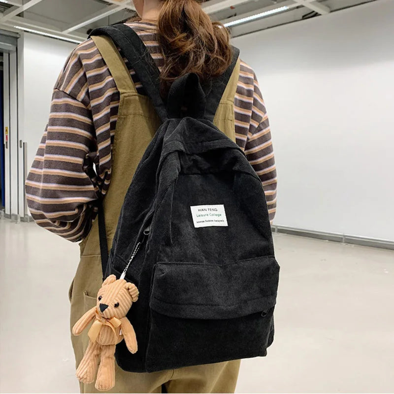 Retro Women Backpack Corduroy Book Bag Large Capacity Rucksack