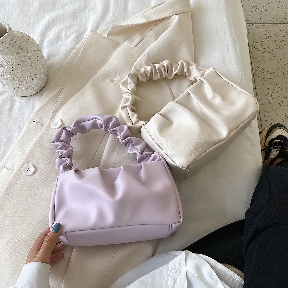 Retro Women Candy Shoulder Bags PU Leather Ruffle Totes Handbag