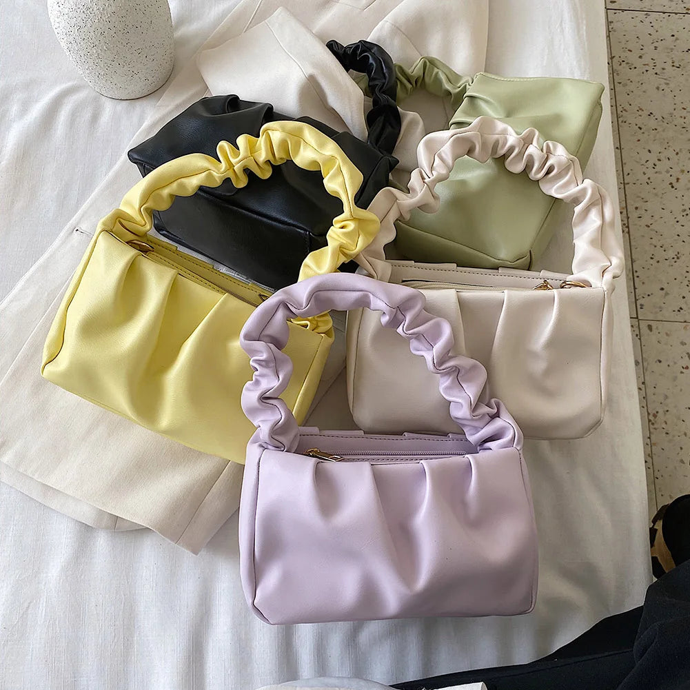 Retro Women Candy Shoulder Bags PU Leather Ruffle Totes Handbag