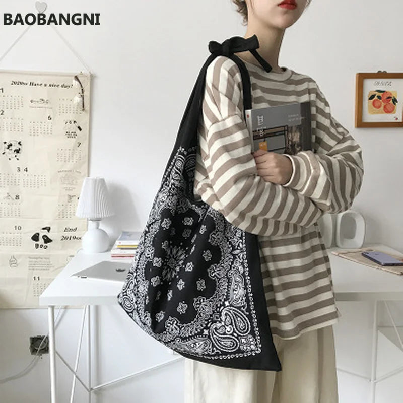 Retro Women Handbag Canvas Shoulder Bag Big Size Tote Ladies Casual Flower Print
