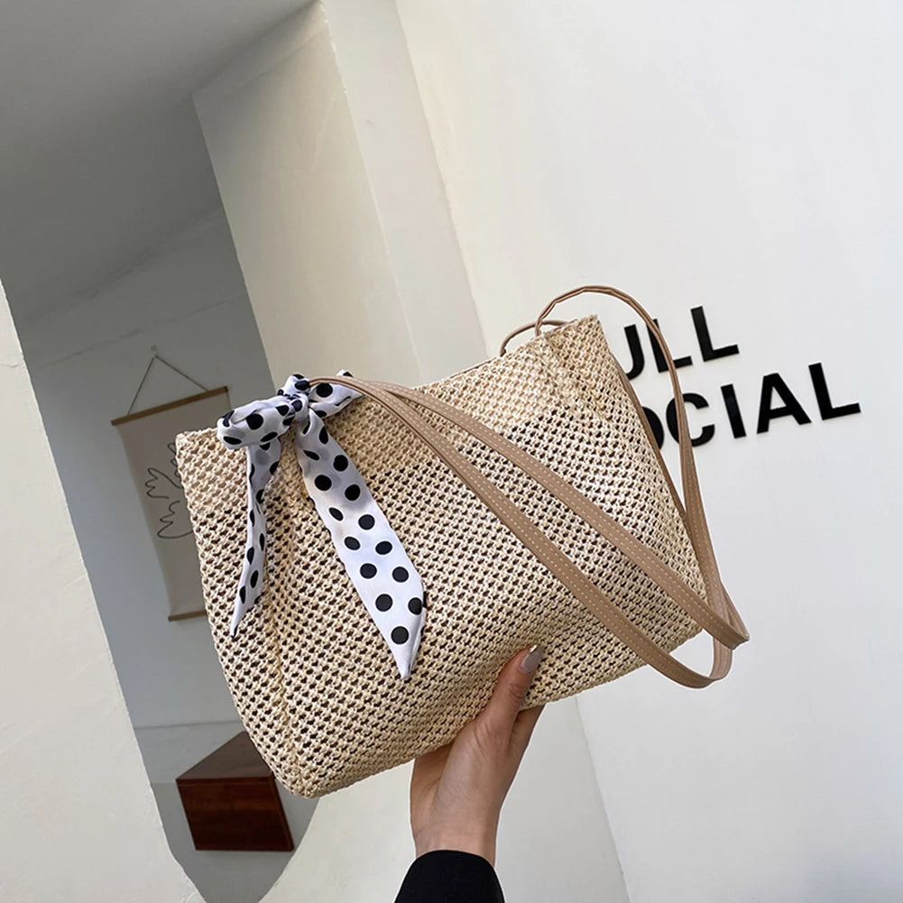 Retro Straw Woven Handbag Silk Ribbon Large Capacity Tote