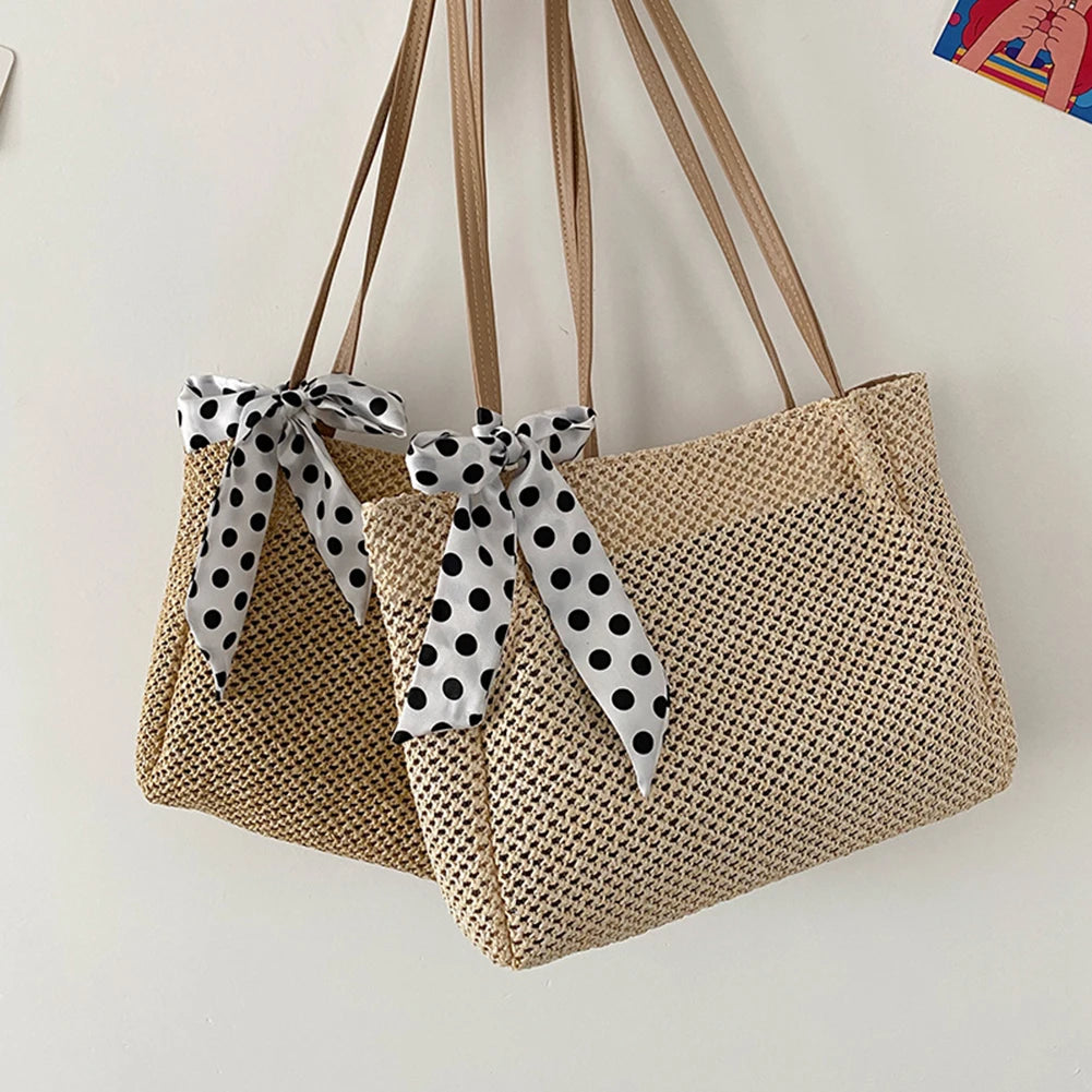 Retro Straw Woven Handbag Silk Ribbon Large Capacity Tote