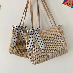 Retro Straw Woven Handbag Silk Ribbon Large Capacity Tote