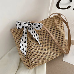 Retro Straw Woven Handbag Silk Ribbon Large Capacity Tote