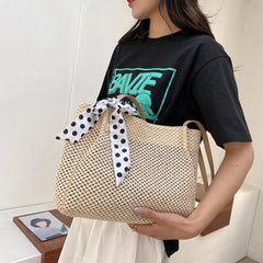 Retro Straw Woven Handbag Silk Ribbon Large Capacity Tote