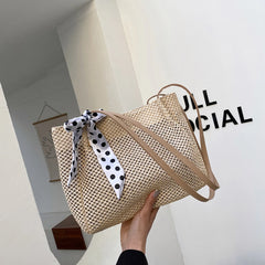 Retro Straw Woven Handbag Silk Ribbon Large Capacity Tote