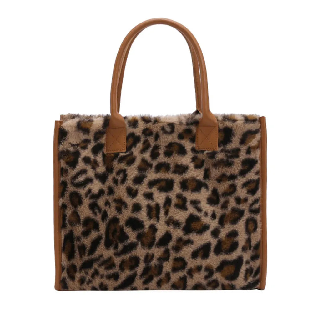 Retro Women PU Leather Plush Messenger Handbag Animal Pattern Large Capacity Tra