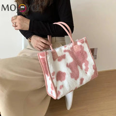 Retro Women PU Leather Plush Messenger Handbag Animal Pattern Large Capacity Tra