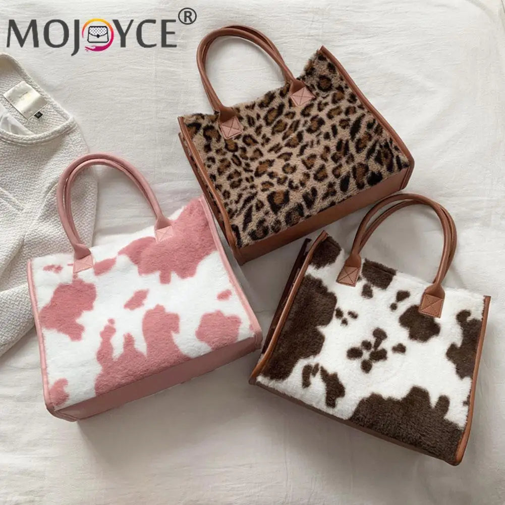 Retro Women PU Leather Plush Messenger Handbag Animal Pattern Large Capacity Tra