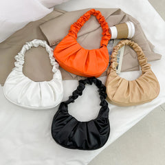 Retro Women Pleated PU Underarm Bag Casual Top-handle Handbag Solid Tote Bag