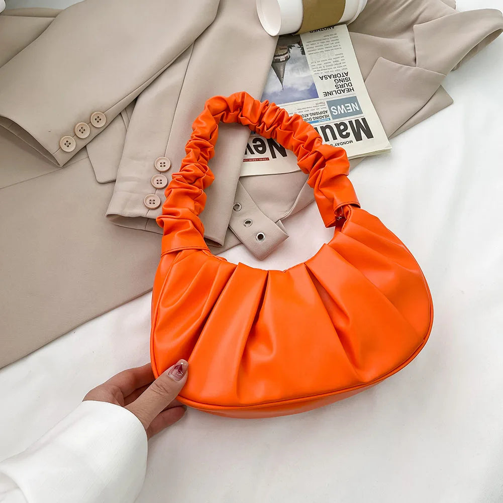 Retro Women Pleated PU Underarm Bag Casual Top-handle Handbag Solid Tote Bag