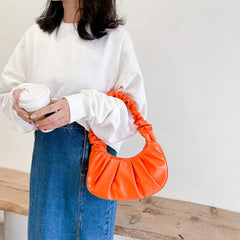 Retro Women Pleated PU Underarm Bag Casual Top-handle Handbag Solid Tote Bag