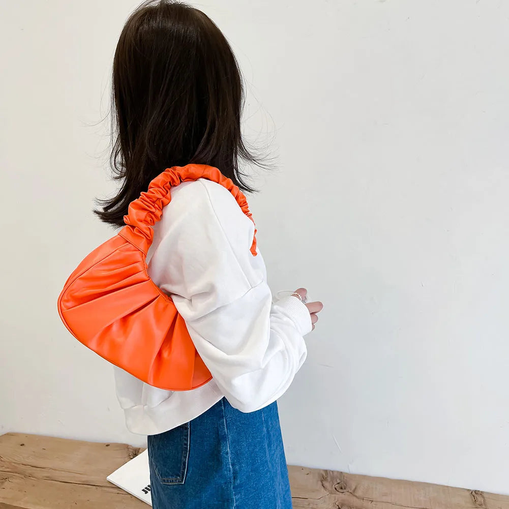 Retro Women Pleated PU Underarm Bag Casual Top-handle Handbag Solid Tote Bag