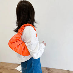 Retro Women Pleated PU Underarm Bag Casual Top-handle Handbag Solid Tote Bag