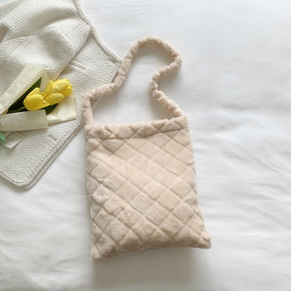 Retro Women Plush Rhombus Shoulder Bags Large Capacity Soft Fluffy Fur Tote Bags