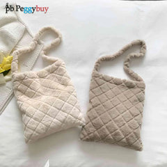 Retro Women Plush Rhombus Shoulder Bags Large Capacity Soft Fluffy Fur Tote Bags