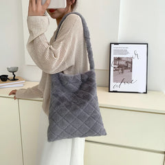 Retro Women Plush Rhombus Shoulder Bags Large Capacity Soft Fluffy Fur Tote Bags