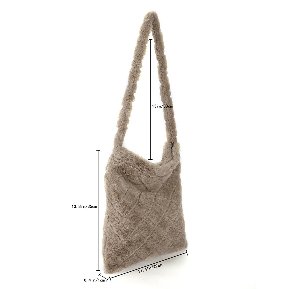 Retro Women Plush Rhombus Shoulder Bags Large Capacity Soft Fluffy Fur Tote Bags