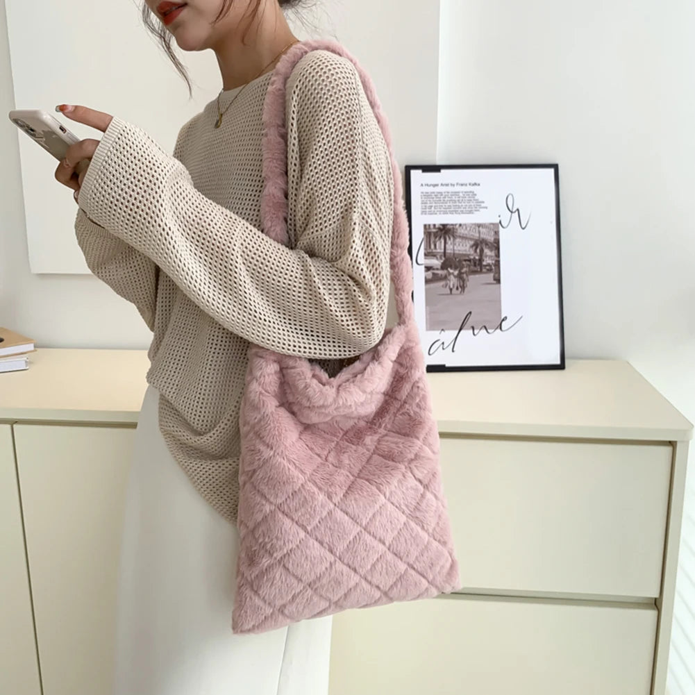 Retro Women Plush Rhombus Shoulder Bags Large Capacity Soft Fluffy Fur Tote Bags